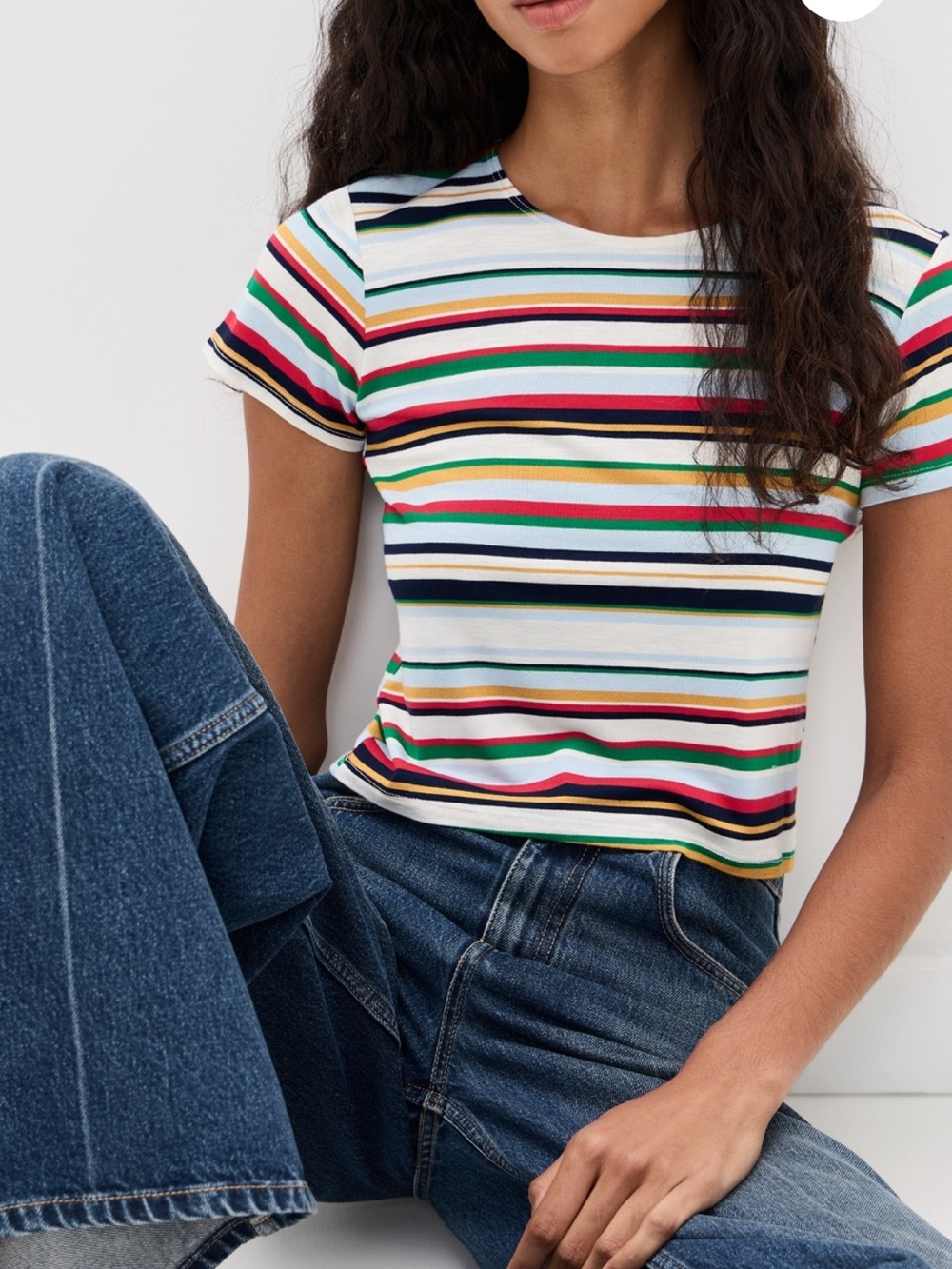 Women's LE BOP Eloise Multi-Stripe Short Sleeve Crewneck Cropped Tee | size XS